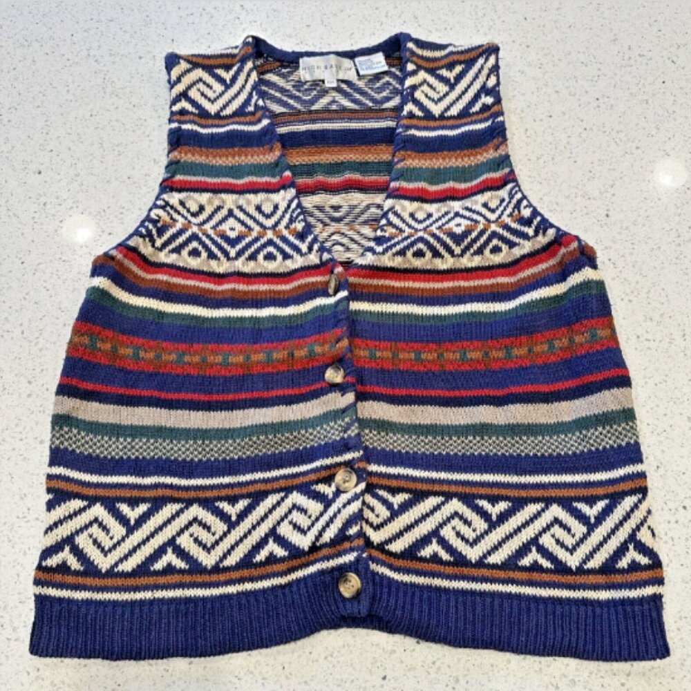 VTG CottageCore Women's P/M‎ Striped Sweater Vest Funky Bright Fair Isle Aztek